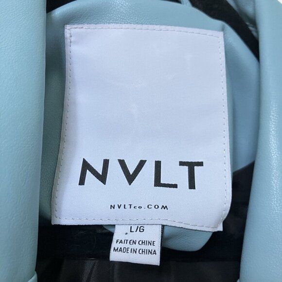 NVLT Vegan Trench Coat Womens L Blue Faux Leather Lined Contemporary - Picture 2 of 12